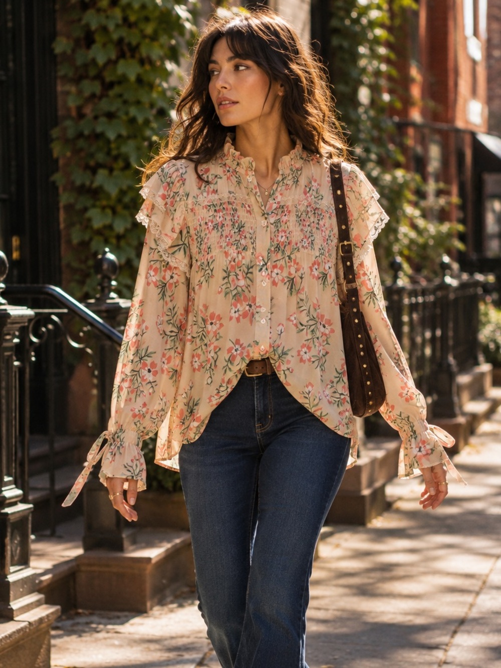 BNCI Tan Cottagecore Boho Chiffon Floral Smocked Ruffled Oversized Blouse, S